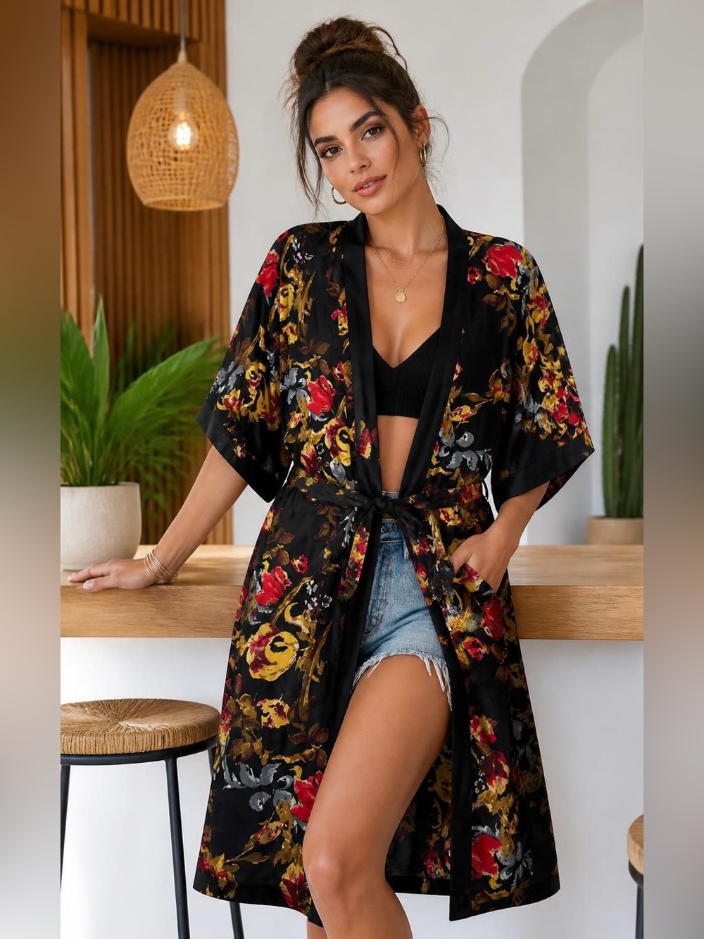 Vince Camuto Black Satin Floral Kimono Robe with Red & Gold Accents OS